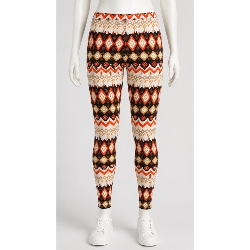 Always Women Orange Brown Geometric Fair Isle Fleece Lined Leggings One Size